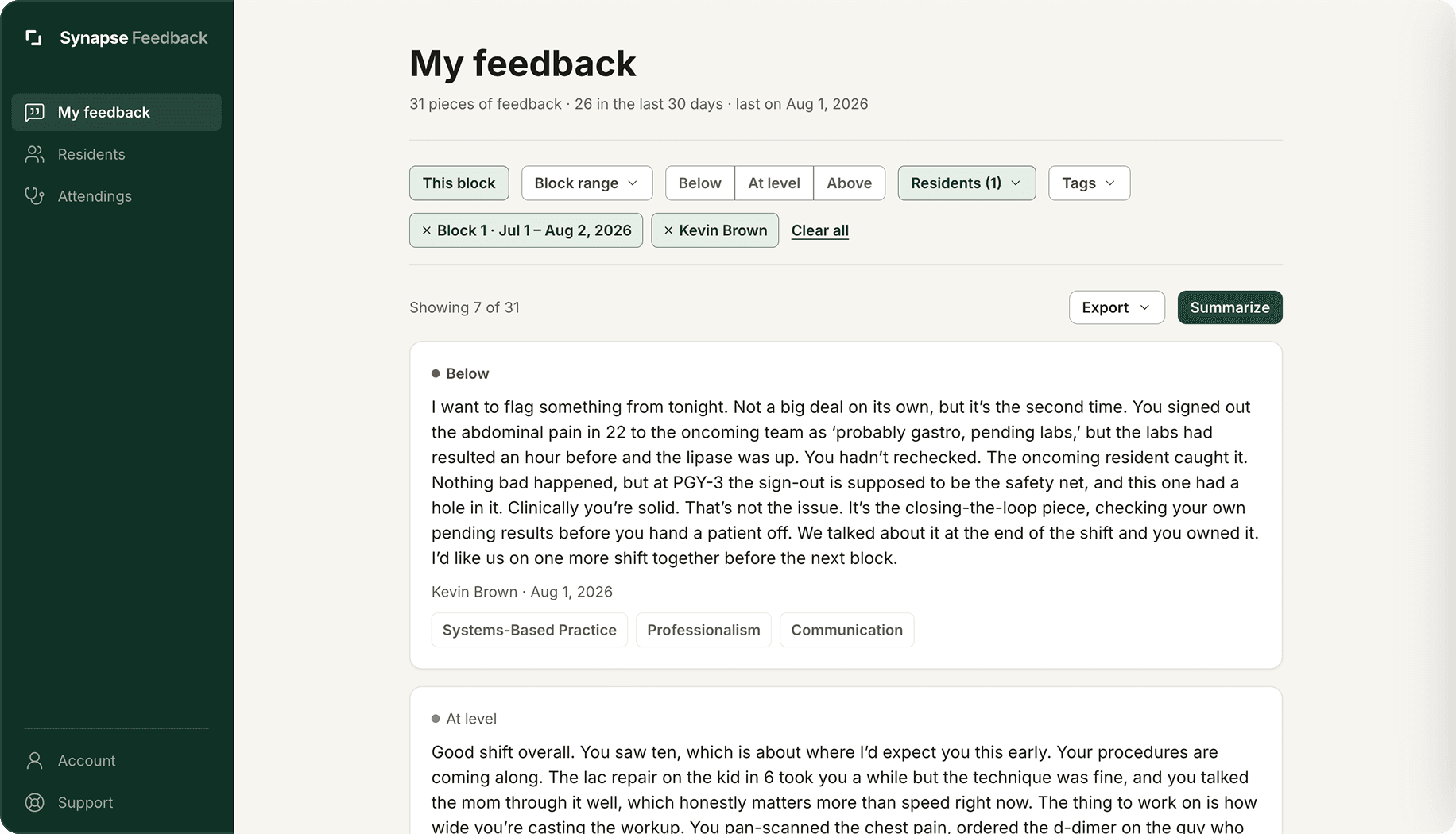 The Synapse Feedback web app showing an attending's own feedback, filtered by block and resident, with Export and Summarize actions