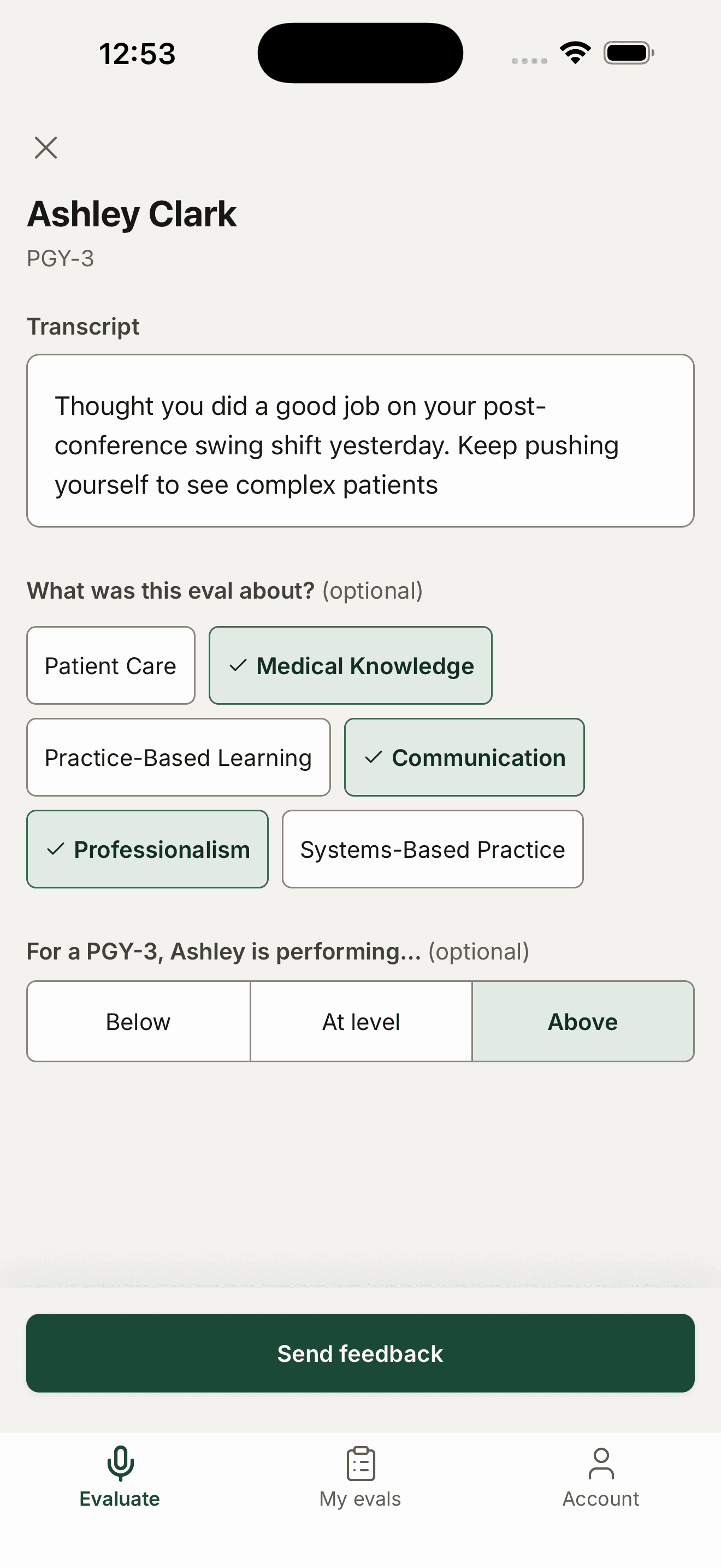 The review screen: transcript, ACGME competency tags, and a performance level