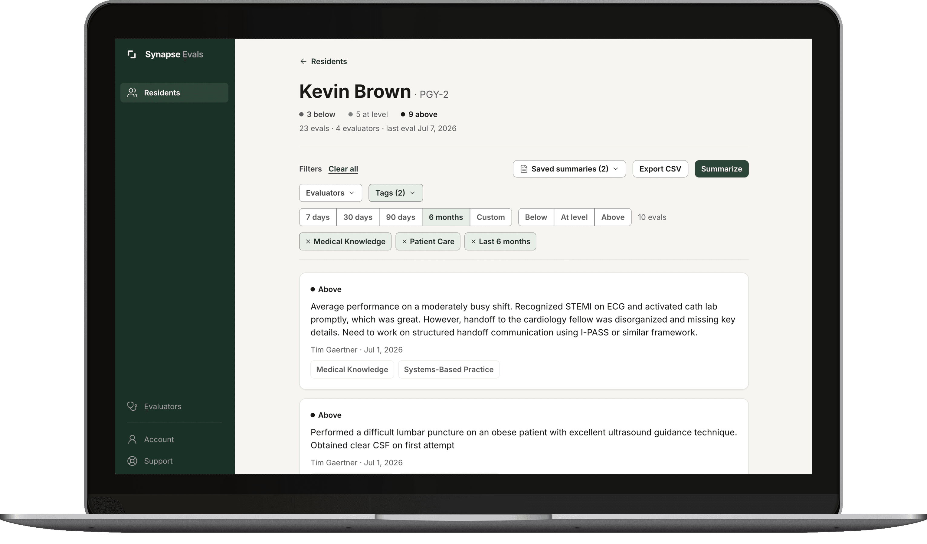 The Synapse Feedback web dashboard showing a resident's eval list with filters