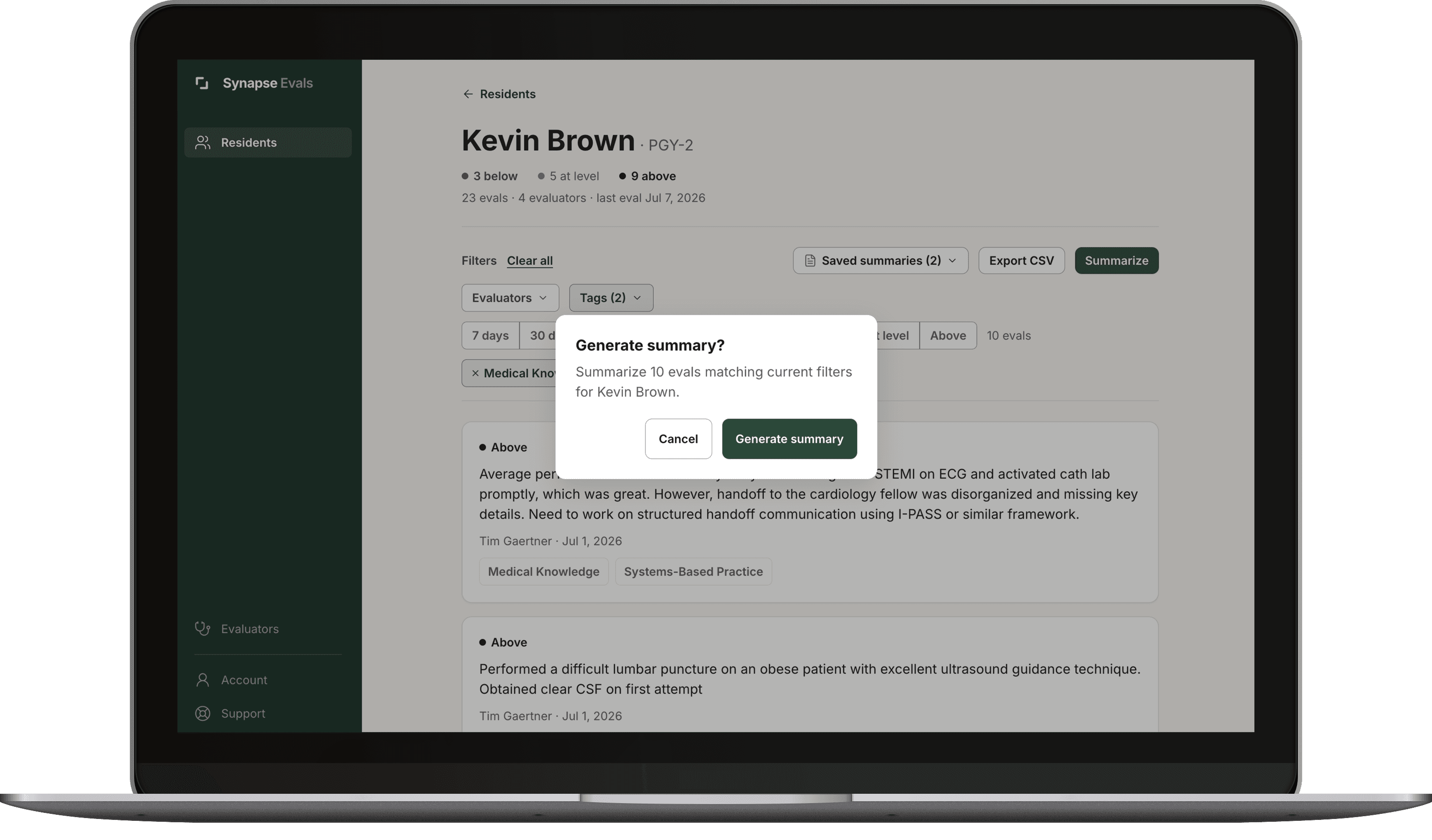 The web dashboard generating an AI summary of a resident's evals